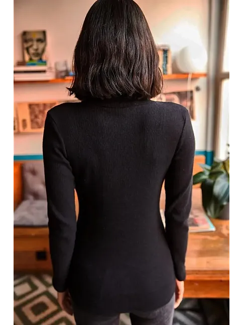 Kadın Kaşkorse Boğazlı Full Likralı Fitilli Body Kazak - Siyah