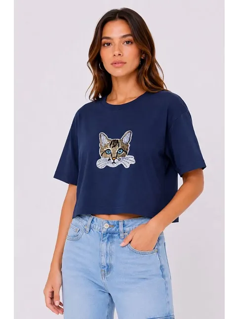 Kadın Kedi Baskılı Oversize Crop Tişört Salaş Basic Yarım Kol T-shirt - Lacivert Kadın Kedi Baskılı Oversize Crop Tişört Salaş Basic Yarım Kol T-shirt - Lacivert