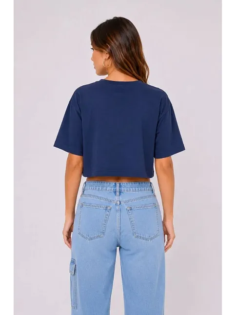 Kadın Kedi Baskılı Oversize Crop Tişört Salaş Basic Yarım Kol T-shirt - Lacivert Kadın Kedi Baskılı Oversize Crop Tişört Salaş Basic Yarım Kol T-shirt - Lacivert