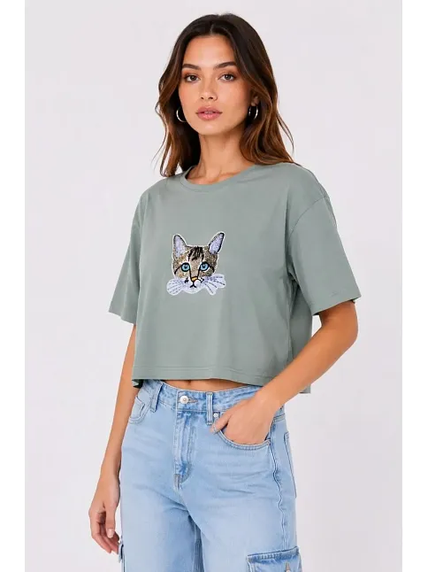 Kadın Kedi Baskılı Oversize Crop Tişört Salaş Basic Yarım Kol T-shirt - Mint Yeşili Kadın Kedi Baskılı Oversize Crop Tişört Salaş Basic Yarım Kol T-shirt - Mint Yeşili