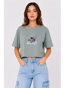 Kadın Kedi Baskılı Oversize Crop Tişört Salaş Basic Yarım Kol T-shirt - Mint Yeşili