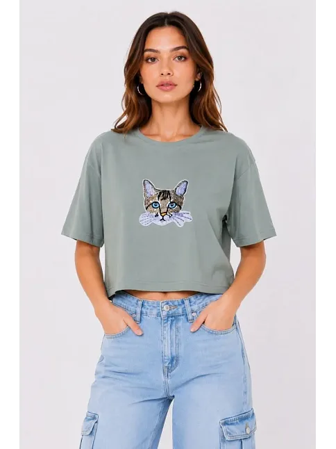 Kadın Kedi Baskılı Oversize Crop Tişört Salaş Basic Yarım Kol T-shirt - Mint Yeşili Kadın Kedi Baskılı Oversize Crop Tişört Salaş Basic Yarım Kol T-shirt - Mint Yeşili