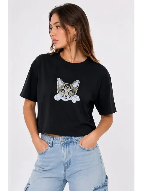 Kadın Kedi Baskılı Oversize Crop Tişört Salaş Basic Yarım Kol T-shirt - Siyah Kadın Kedi Baskılı Oversize Crop Tişört Salaş Basic Yarım Kol T-shirt - Siyah