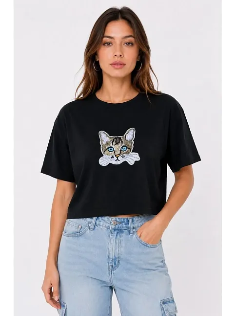 Kadın Kedi Baskılı Oversize Crop Tişört Salaş Basic Yarım Kol T-shirt - Siyah Kadın Kedi Baskılı Oversize Crop Tişört Salaş Basic Yarım Kol T-shirt - Siyah