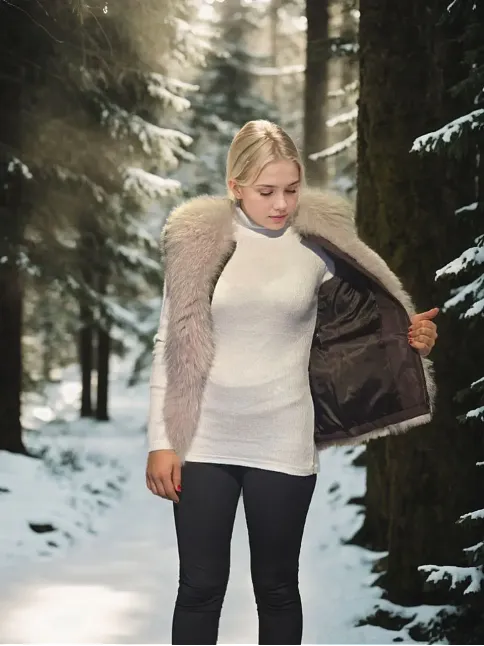 Kadın Premium Doğal Kürk Kolsuz Fermuarlı Yelek - Kahve