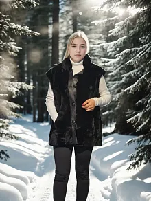 Kadın Premium Doğal Kürk Kolsuz Yelek - Siyah