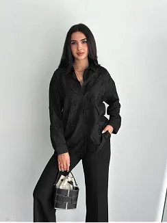 Kadın Nakışlı Uzun Kollu Gömlek - Siyah
