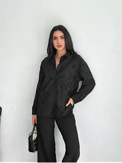 Kadın Nakışlı Uzun Kollu Gömlek - Siyah