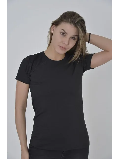 Kadın Omuz Fileli T-shirt Kısa Kol Bisiklet Yaka Slimfit Tişört  - Siyah