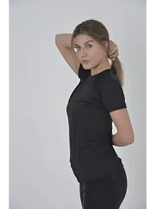 Kadın Omuz Fileli T-shirt Kısa Kol Bisiklet Yaka Slimfit Tişört  - Siyah