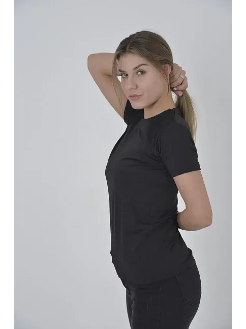 Kadın Omuz Fileli T-shirt Kısa Kol Bisiklet Yaka Slimfit Tişört  - Siyah