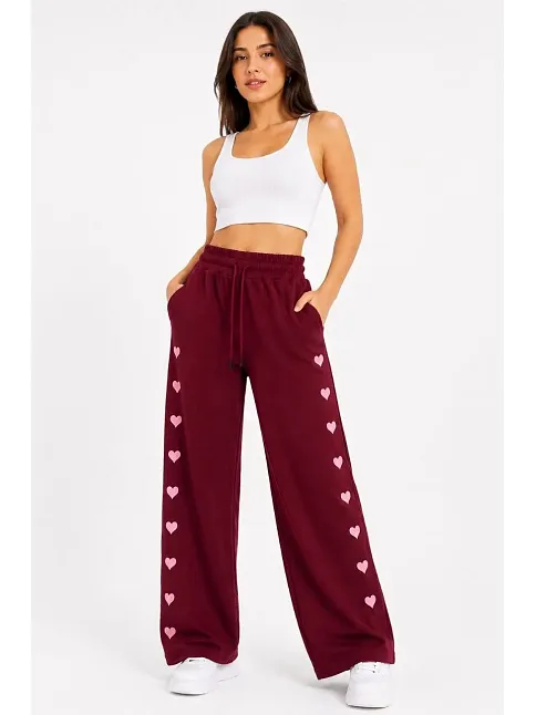 Kadın Osy Modal Yumuşak Dokulu Nakışlı Cepli Oversize Bol Paça Eşofman Altı - Bordo