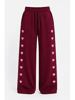 Kadın Osy Modal Yumuşak Dokulu Nakışlı Cepli Oversize Bol Paça Eşofman Altı - Bordo