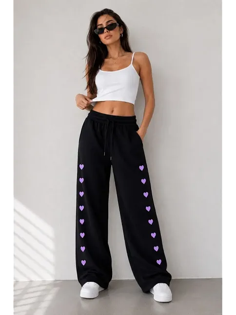 Kadın Osy Modal Yumuşak Dokulu Nakışlı Cepli Oversize Bol Paça Eşofman Altı - Siyah