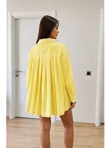 Kadın Oversize Pens Detaylı Cepli Yırtmaçlı Rahat Kalıp Poplin Gömlek - Sarı