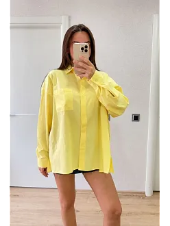 Kadın Oversize Pens Detaylı Cepli Yırtmaçlı Rahat Kalıp Poplin Gömlek - Sarı