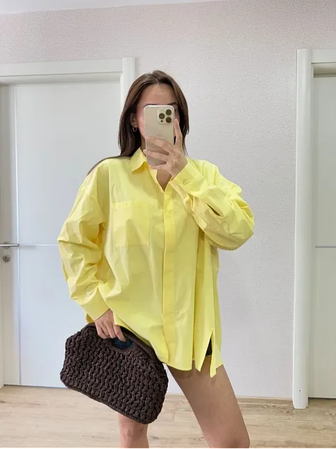 Kadın Oversize Pens Detaylı Cepli Yırtmaçlı Rahat Kalıp Poplin Gömlek - Sarı