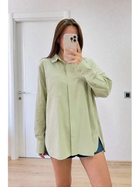 Kadın Oversize Pens Detaylı Cepli Yırtmaçlı Rahat Kalıp Poplin Gömlek - Yeşil