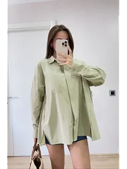 Kadın Oversize Pens Detaylı Cepli Yırtmaçlı Rahat Kalıp Poplin Gömlek - Yeşil