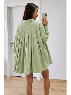 Kadın Oversize Pens Detaylı Cepli Yırtmaçlı Rahat Kalıp Poplin Gömlek - Yeşil