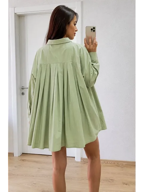 Kadın Oversize Pens Detaylı Cepli Yırtmaçlı Rahat Kalıp Poplin Gömlek - Yeşil
