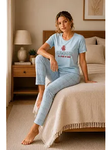 Kadın Pamuklu Penye Baskılı Kısa Kollu Bisiklet Yaka Ekose Desenli Pijama Takımı - Mavi