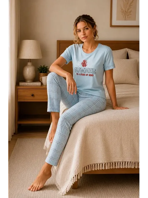 Kadın Pamuklu Penye Baskılı Kısa Kollu Bisiklet Yaka Ekose Desenli Pijama Takımı - Mavi