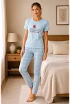Kadın Pamuklu Penye Baskılı Kısa Kollu Bisiklet Yaka Ekose Desenli Pijama Takımı - Mavi