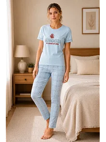 Kadın Pamuklu Penye Baskılı Kısa Kollu Bisiklet Yaka Ekose Desenli Pijama Takımı - Mavi
