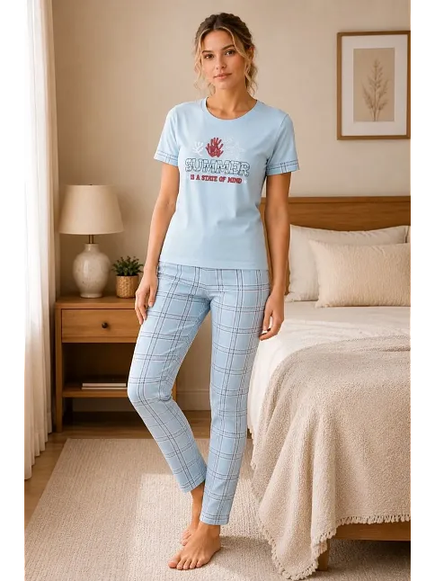 Kadın Pamuklu Penye Baskılı Kısa Kollu Bisiklet Yaka Ekose Desenli Pijama Takımı - Mavi