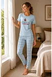 Kadın Pamuklu Penye Baskılı Kısa Kollu Bisiklet Yaka Ekose Desenli Pijama Takımı - Mavi