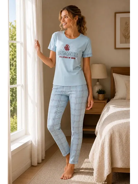 Kadın Pamuklu Penye Baskılı Kısa Kollu Bisiklet Yaka Ekose Desenli Pijama Takımı - Mavi