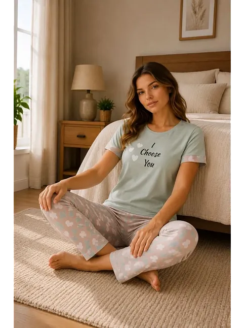 Kadın Pamuklu Penye Baskılı Kısa Kollu Bisiklet Yaka Pijama Takımı - Mint