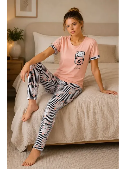 Kadın Pamuklu Penye Kedi Baskılı Kısa Kollu Bisiklet Yaka Çizgili Pijama Takımı - Pudra