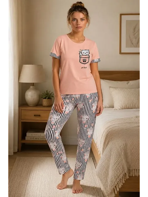 Kadın Pamuklu Penye Kedi Baskılı Kısa Kollu Bisiklet Yaka Çizgili Pijama Takımı - Pudra