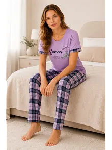 Kadın Pamuklu Penye Summer Baskılı Kısa Kollu Pijama Takımı Bisiklet Yaka Ekose Desenli - Lila