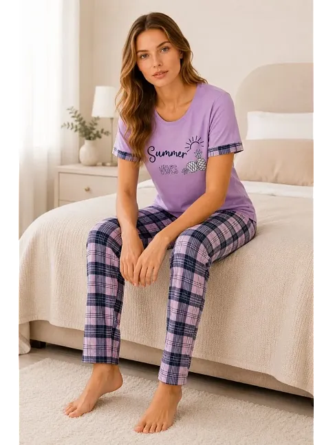 Kadın Pamuklu Penye Summer Baskılı Kısa Kollu Pijama Takımı Bisiklet Yaka Ekose Desenli - Lila