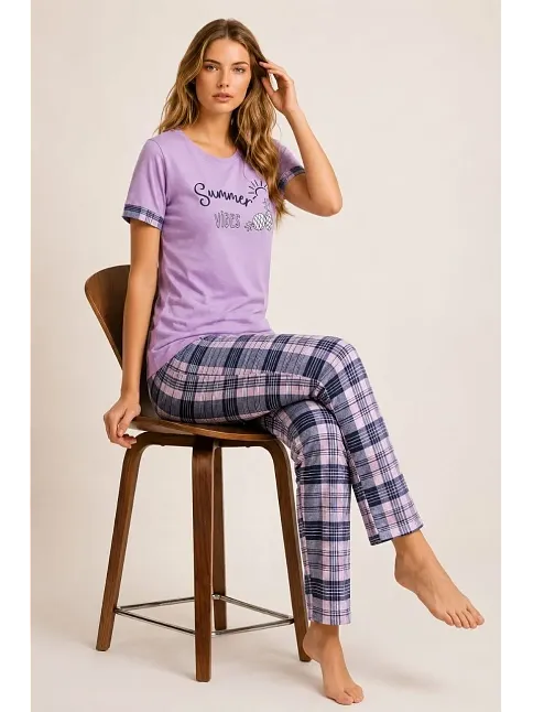 Kadın Pamuklu Penye Summer Baskılı Kısa Kollu Pijama Takımı Bisiklet Yaka Ekose Desenli - Lila