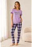 Kadın Pamuklu Penye Summer Baskılı Kısa Kollu Pijama Takımı Bisiklet Yaka Ekose Desenli - Lila