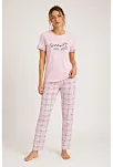 Kadın Pamuklu Penye Summer Baskılı Kısa Kollu Pijama Takımı Ekose Desenli - Pembe