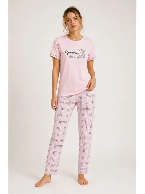 Kadın Pamuklu Penye Summer Baskılı Kısa Kollu Pijama Takımı Ekose Desenli - Pembe