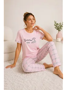 Kadın Pamuklu Penye Summer Baskılı Kısa Kollu Pijama Takımı Ekose Desenli - Pembe