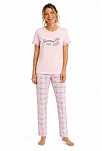 Kadın Pamuklu Penye Summer Baskılı Kısa Kollu Pijama Takımı Ekose Desenli - Pembe