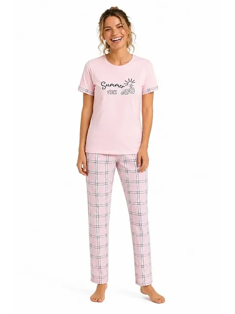 Kadın Pamuklu Penye Summer Baskılı Kısa Kollu Pijama Takımı Ekose Desenli - Pembe