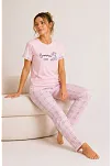 Kadın Pamuklu Penye Summer Baskılı Kısa Kollu Pijama Takımı Ekose Desenli - Pembe