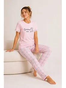 Kadın Pamuklu Penye Summer Baskılı Kısa Kollu Pijama Takımı Ekose Desenli - Pembe