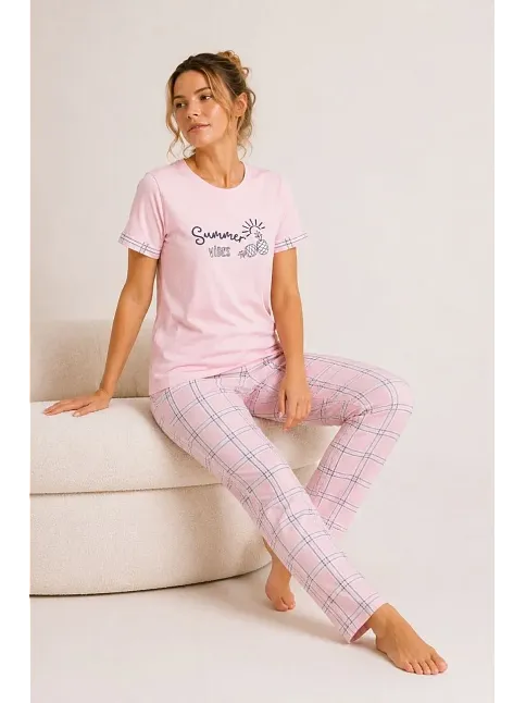 Kadın Pamuklu Penye Summer Baskılı Kısa Kollu Pijama Takımı Ekose Desenli - Pembe