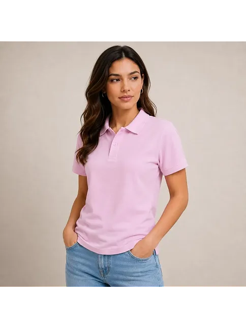 Kadın Polo Yaka Pike Kumaş Düğmeli Basic Tişört Günlük Rahat - Pembe Kadın Polo Yaka Pike Kumaş Düğmeli Basic Tişört Günlük Rahat - Pembe