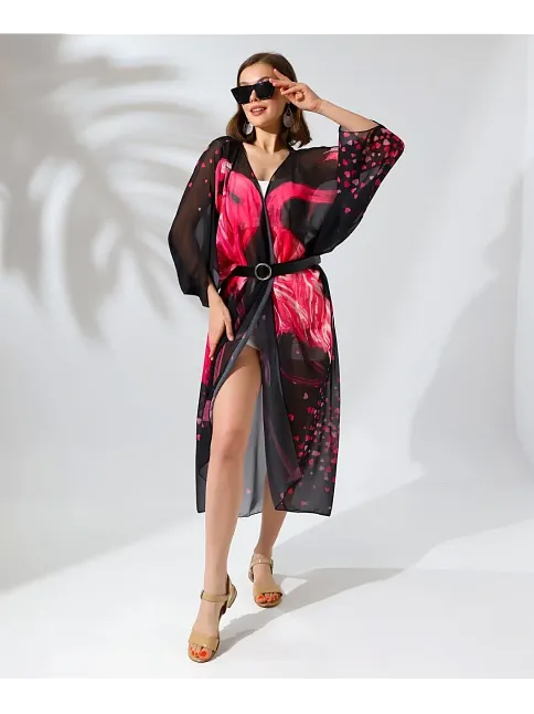 Kadın Rahat Kesim Şifon Kimono - Siyah