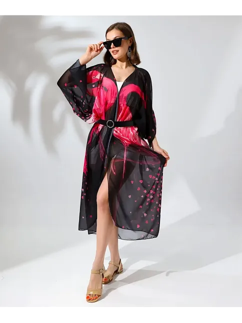 Kadın Rahat Kesim Şifon Kimono - Siyah